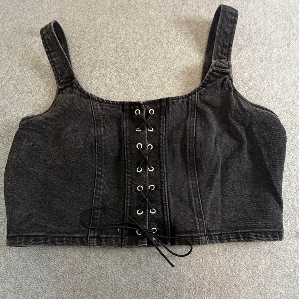 Wild Fable Denim Crop Top L Black Lace Up Corset Bustier L